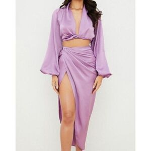 House of CB Skirt Small Lavender Purple‎ Satin Constance Asymmetrical Split